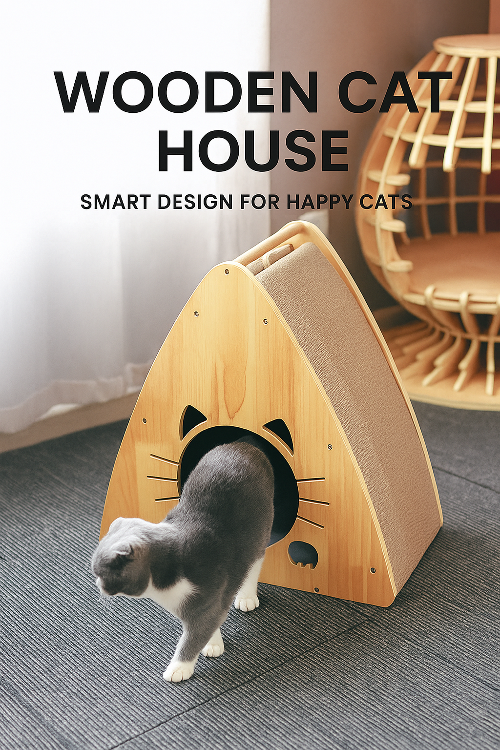 Wooden Cat House with Scratcher & Soft Mat – Smart Design for Happy Cats