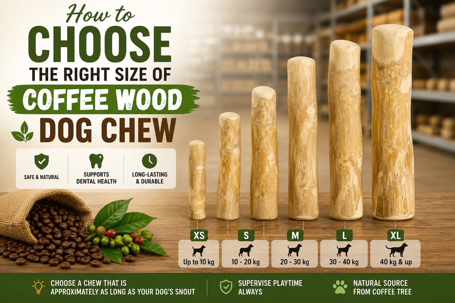 different coffee wood dog chew size options