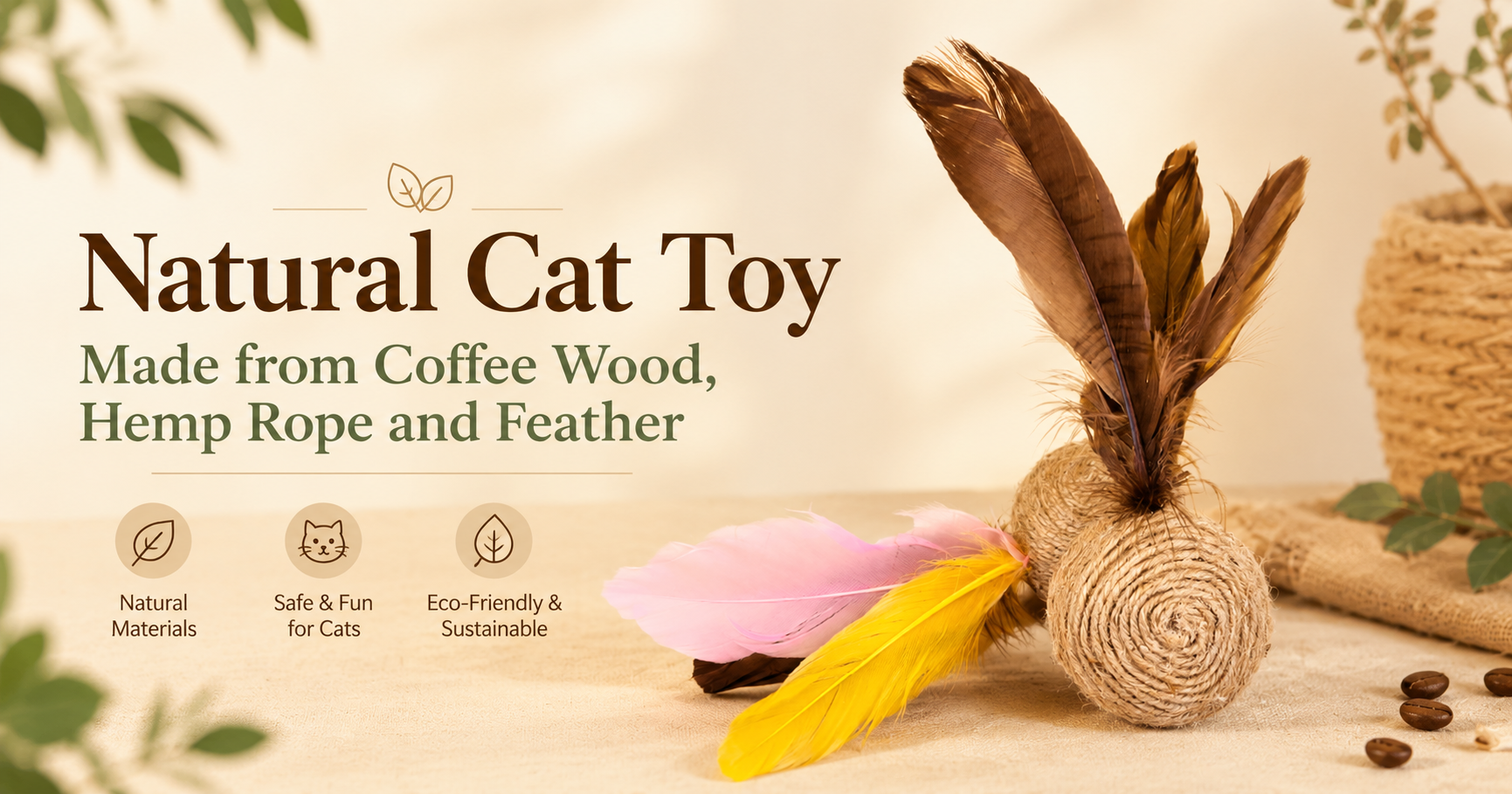 Natural Cat Toy Made from Coffee Wood, Hemp Rope and Feather